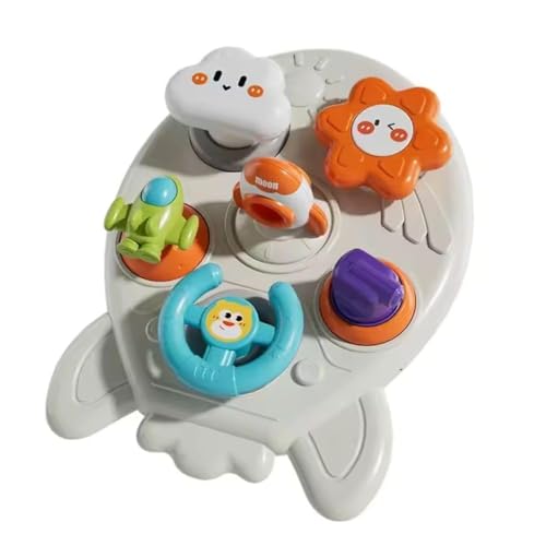 Image of 6-in-1 Space Rocket Baby Sensory Busy Cube for Toddlers - Montessori Educational Activity Center with Pull Strings, Gears & Clicker - Fine Motor Skills Travel Learning Toy for Infants