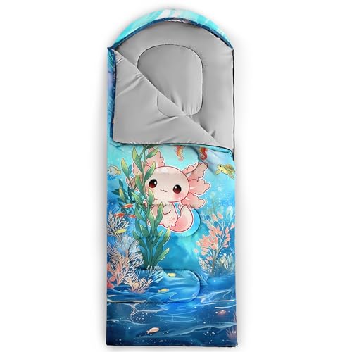 Image of QOOMO Axolotl Cute Camping Sleeping Bags,3 Season Warm & Cool Weather,Lightweight,Waterproof Sleeping Bags for Adults & Kids,Traveling,and Outdoors