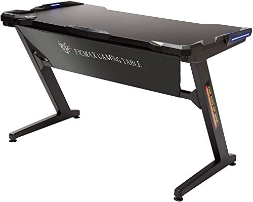 Ficmax Computer Gaming Desk Z Leg Gaming Desk con luz LED Escritorio ergonómico para PC para Gamer Pro Mesa para computadora con Cuero Fender Cloth Z Shape Escritorio para Oficina en casa Mesa(Negro)