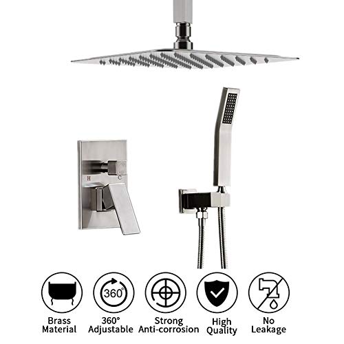 STARBATH SS01FCN 12 Inch Ceiling Mounted Shower System with Rain ShowerHead and Handheld Shower Head, Shower Faucet Rough-in Mixer Valve and Trim Included Shower Combo Set, Brushed Nickle