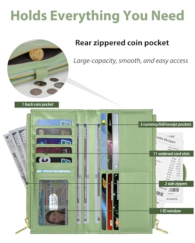 Image of Green Women's Slim Wallet,Thin RFID Card Holder with Zipper Pocket | 12 Slot Wallet Organizer, Large Capacity, Vegan Leather, Coin Purse, Cash Compartment, Travel Wallet, Women Gift