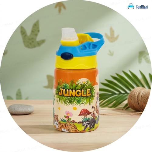 Image of FunBlast Jungle Theme Water Bottle for Kids- Cute Water Bottle with Straw, Insulated Stainless Steel Bottle,Sipper Bottle for Kids (300 ML)