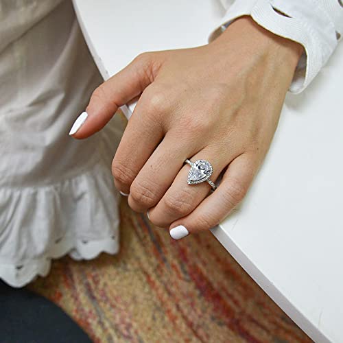 espere Platinum Plated Teardrop CZ Solitaire Engagement Ring in Sterling Silver Size 5-93