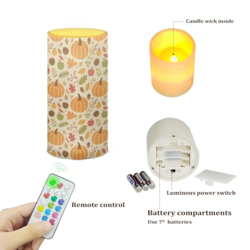 Image of Poceacles Flameless Candle Battery Powered with Remote Control 12 Colors 4 /8 Hours Timer LED Night Lights Pillar Candle Tealights Autumn Home Indoor Decor, Pumpkin Fall Leaves Print Beige