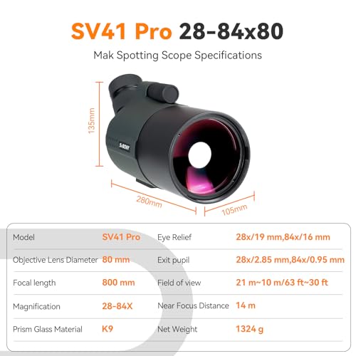 SVBONY SV41Pro 80mm Mak Spotting Scope, Compact Spotter Scope, 28-84X Zoom Eyepiece, 1.8kg Lightweight, Spotting Scopes for Target Shooting, Bird Watching, for Both Terrestrial and Astronomical Use by SVBONY - Image 8