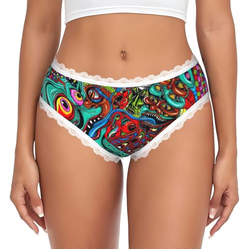 LMNvbz Bragas abstractas con estampado de monstruos para mujer, con ribete de encaje, suaves, transpirables, de cobertura completa, para un uso diario cómodo, blanco, XXL