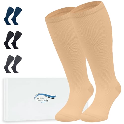 360 Relief Calze Compressione Graduata Donna e Uomo - Taglie forti 1 Coppia Solido Colore Gambaletti Compressione per Sports, Running, Viaggio, Ciclismo, Lavoro - 3XL Beige con Borsa Lavanderia