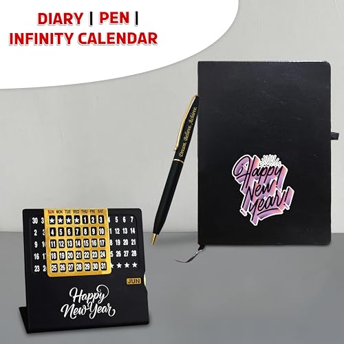 Image of Savri New Year Hamper - Pen with 'Dream. Believe. Achieve.' Quote Engraved, Diary & Infinity Calendar with 'Happy New Year' Engraved -Premium for Professionals, Employees, Corporate, Men & Women (Black)