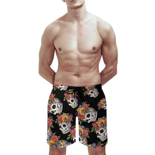 Flower Skull Men's Swim Trunks Quick Dry Board Shorts Hawaiian Beach Shorts With Pocket3
