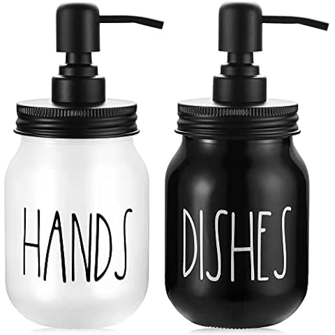 Kitchen Soap Dispenser Set by Brighter Barns - Hand and Dish Soap Dispenser for Kitchen Sink - Mason Jar Soap Dispenser Glass - Farmhouse Kitchen Decor (Black/White) Cover