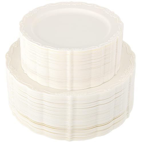 U-QE 100 Pcs Ivory Plastic Plates for Party - Ivory Disposable Plastic Plates - Heavy Duty Disposable Platos Including 50 Dinner 10 & 50 Dessert 7.5 for Weddings