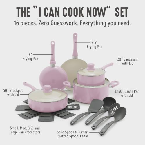 Image of GreenLife 16-Piece Nonstick Cookware Set, Non-Toxic Ceramic Pots and Pans Set, Durable Healthy Kitchen Essentials, Fast Heating, Induction Ready, Easy Clean Dishwasher Safe, PFAS-Free, Blush Pink