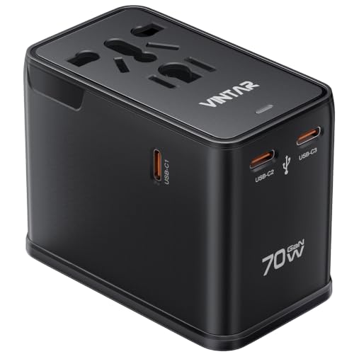 Image of VINTAR 70W GaN Universal Travel Adapter, 5 in 1 with 3 USB-C PD& 1 USB-A QC | International Power Adapter, GaN Fast Charging with Compact Design, All-in-One Travel Essentials for UK /EU /US /AUS, Black
