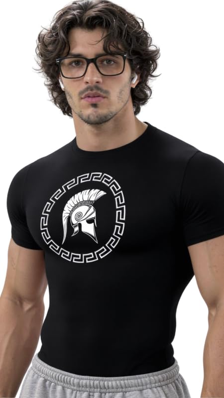 Mens Gym Compression T-Shirt | Polyester Half Sleeve Sports Wear and Rash Guard for Training Workout and Athletic Activewear | Black-image-49