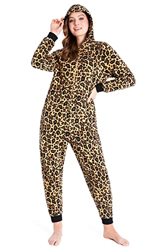 CityComfort Jumpsuit Damen Kuschelig Fleece Einteiler Schlafanzug Onesie Damen S-XL (Braun Leopard, S)