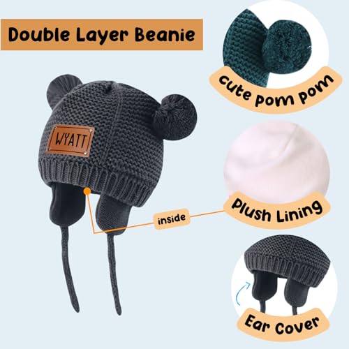 Duckbe Custom Name Pom Pom Hat for Baby Double Layer Winter Hat with Earflap Knitted Beanie for Boys and Girls Birthday Gift