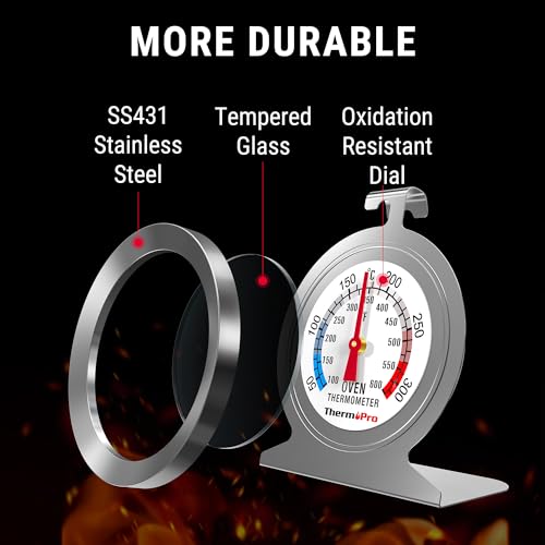 ThermoPro Backofenthermometer Analog Ofenthermometer aus Edelstahl Kochthermometer für Backofen Thermometer Kochen Innen Küchenthermometer mit großem Zifferblatt Silber AOT200
