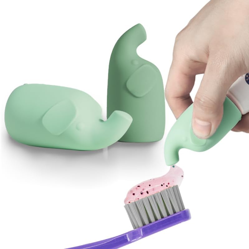 Cute Silicone Toothpaste Squeezer,Creativity Elephant Shape Emulsion Cream Self-Closing Caps,Funy Cosmetic Squeezer Tool,Gift for Children and Adults 2-Pcs (Green and Ligth Blue)