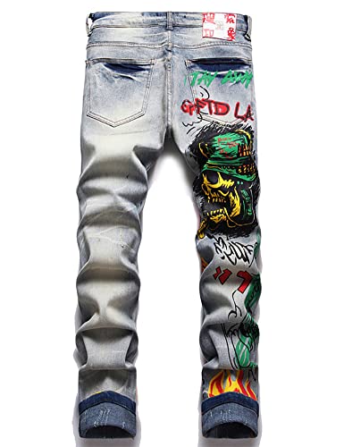 Men's Streetwear Skull Flame Print Stretch Denim Jeans2