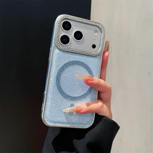 Étui de luxe iPhone 16 bleu strass compatible chargeur sans fil magnétique