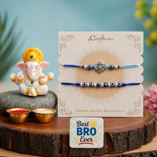 Image of eCraftIndia Set of 2 Evil Eye Rakhi for Brother with Lord Ganesha Showpiece & Best Bro Ever Fridge Magnet | Designer Blue Nazar Rakhi Combo | Raksha Bandhan Gift Set
