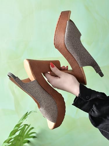 Image of Action Women's Platform Sandals| Block Heel| Glitter Embellished| Grey, Beige