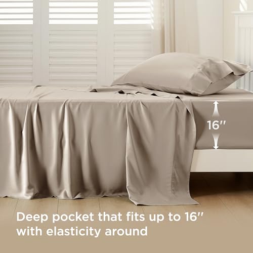 Image of Bedsure Cooling Sheets Twin, Rayon Derived from Bamboo, PureWoven, Breathable & Soft Twin Sheets Set, Deep Pocket Up to 16 Inches, Hotel Luxury Silky Bedding for Hot Sleepers, Simply Taupe