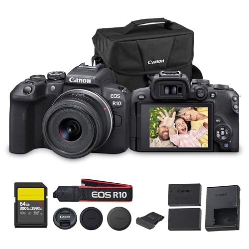 Image of Canon EOS R10 Mirrorless Camera Kit with RF-S 18-45mm Lens | 24.2MP APS-C, 4K Video, Dual Pixel AF, Perfect for Beginner Photographers & Vloggers (5331C009) + 64GB Card + LP-E17 Battery + Shoulder Bag