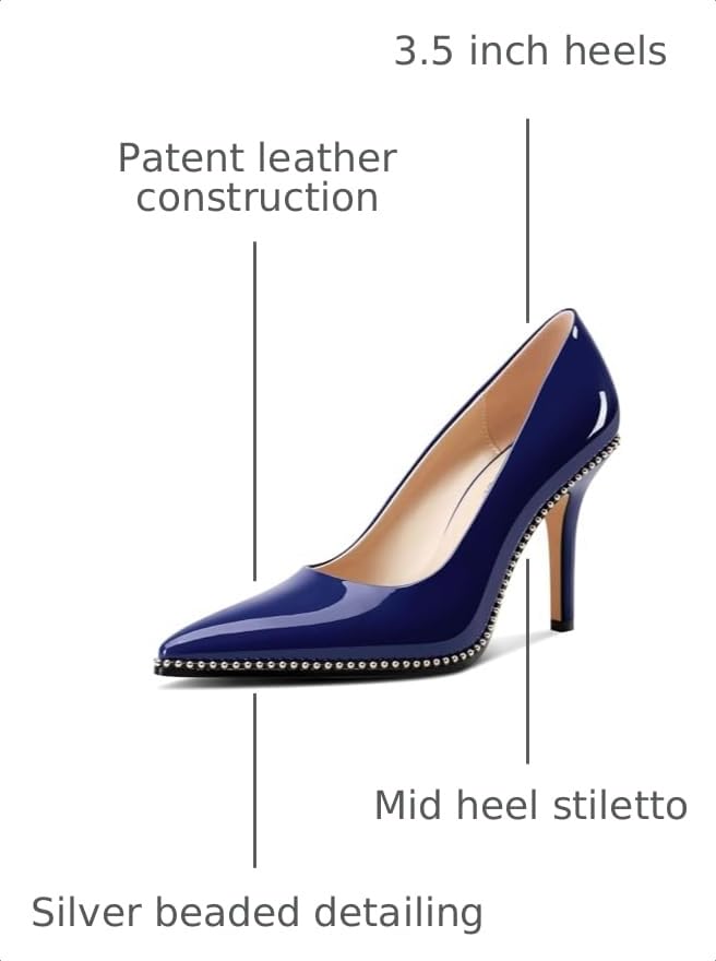 Image of TNYNFBEB Womens Stiletto Mid Heel Pointed Toe Pumps Slip-on Sliver Beaded Prom Wedding Dress Basic Classic Patent Leather 3.5 Inches Heels