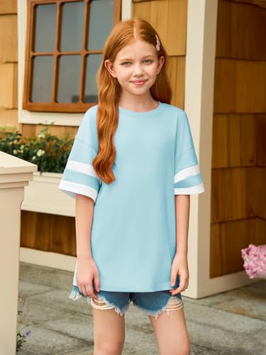Image of Girls Oversized T Shirts Kids Summer Striped Short Sleeve Tops Casual Crewneck Tees 5-14 Years