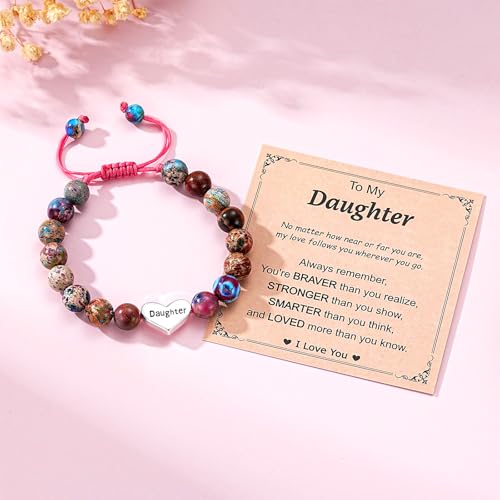 Image of Granddaughter Daughter Gifts -Heart Natural Stone Beaded Bracelet for Girls, Valentines Birthday Gifts for Girls Daughter Granddaughter