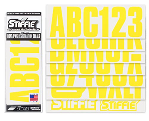 Image of Stiffie UNILINE 3 inch Alpha-Numeric Registration Identification Numbers Stickers Decals for Boats & Personal Watercraft (Electric Yellow)
