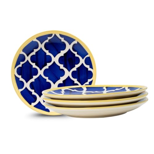 Image of Navy Blue Ceramic Round Plates - Set of 4 (8.07 inch) | Microwave, Oven & Dishwasher Safe | Perfect for Dessert, Salad & Small Meals | Elegant Porcelain Dish | Ideal for Gifting