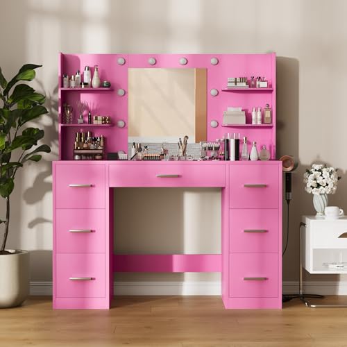 Image of Furmax Vanity Desk with Mirror, LED Lights and Power Outlet Makeup Vanity Table with 7 Drawers and 6 Storage Shelves Dressing Table for Bedroom Dressing Room (Pink)