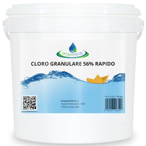 acquaverde | Cloro Granulare per Piscina 56% Rapido 10 kg, Dicloro Stabilizzato a Rapida Dissoluzione per Trattamento Shock, Mantenimento, Iperclorazione, Pulizia ed Igiene dell'Acqua di Piscine
