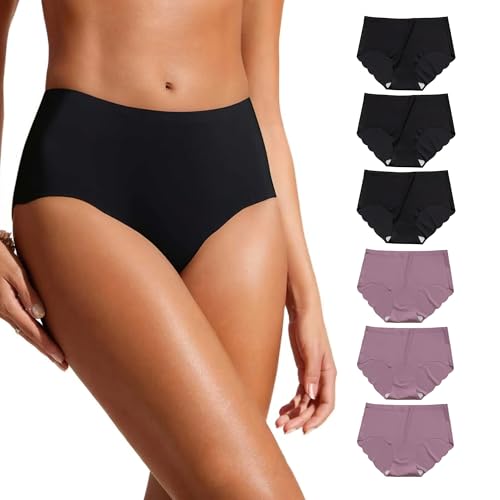 Seamless Underwear For Women Travel Panties Elastic Mid High Waisted Briefs No Show Invisible Emergency Underpants 6 Packs(3Black+3Purple,L)
