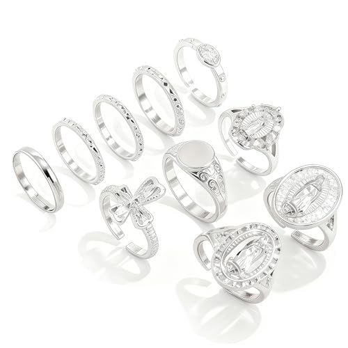LULUQIFA 10Pcs Gold Stackable Virgin Mary Cross Rings Set for