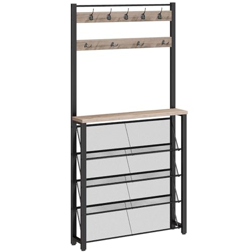 HOOBRO Hall Tree with Bench, Narrow Shoe Rack with Coat Rack, Coat Rack with Shoe Storage, 5 Tier Slanted Shoe Storage Organizer, Coat and Shoe Rack Entryway, Slim Hall Tree, Greige BG20MT01