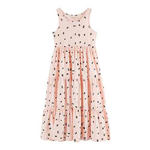 Unacoo Kids Girls 100% Cotton Sleeveless Long Maxi Tiered Dress (Age 3-12 Years) (Pink Printed, Xl(11-12Y)) #TOP5