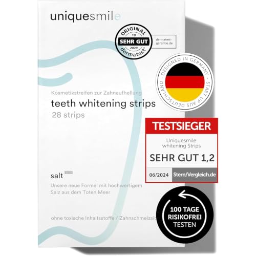 Uniquesmile Zahnaufhellungsstreifen Testsieger 2024 – Whitening Strips ohne Peroxid – Zahnbleaching schonend zum Zahnschmelz – natürliche Formel – 28 Streifen / 14 Anwendungen – 100 Tage testen