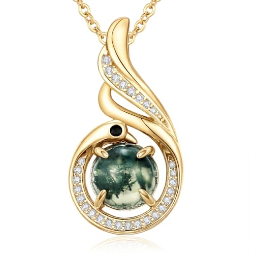 Teetyyt 14k Gold Plated Moss Agate Teardrop Necklace for Women Boho Jewelry Phoenix pendant Gift for Lover Girlfriend Wife Birthday Anniversary Graduation