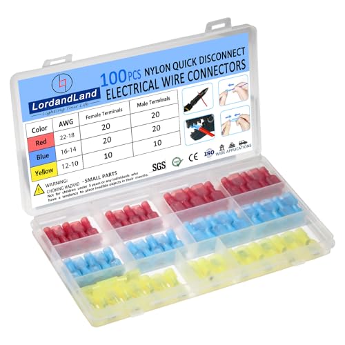 100PCS Nylon Spade Quick Disconnect Connectors Kit 22-10 AWG Male and Female Electrical Wire Connectors Kit Electrical Insulated Wire Crimp Cold-Pressed Terminals for Automotive,Electronics