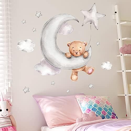 2 PCS Decorative Wall Stickers, Bears Clouds Moon and Stars Wall Stickers, Cartoon Cute Bears Wall Decals Window Stickers for Kids Baby Room Bedroom Nursery Playroom Home Decor ((45x30cm/ 17.7x11.8inch, Bear) 5 41Jcm4hTc7L. AC