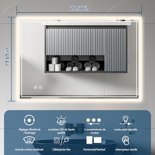 Miroir salle de bain LED 70x50 cm antibuée TEKXDD