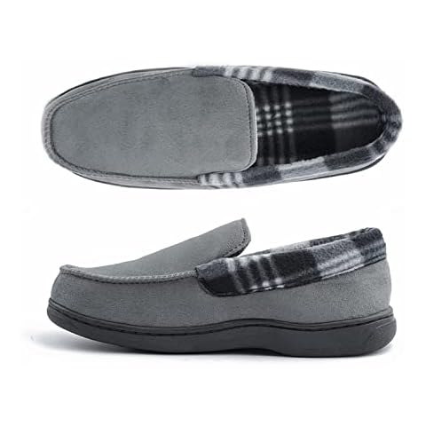 Men’s Moccasin Suede Slippers Cozy Memory Foam Width Comfortable House shoes with Anti-Skid Rubber Sole Indoor Outdoor …Grey S Cover