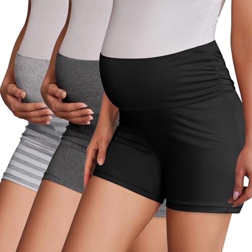 Image of Ekouaer 3 Pack Women's Maternity Shorts Stretchy Workout Pregnancy Shorts Comfy Lounge Pajama Sleepwear S-XXL