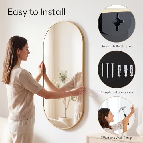 Image of Sweetcrispy 24 inch x 48 inch Gold Bathroom Mirror for Wall, Oval Wall Mirror with Metal Frame, Tempered Glass, Modern Vanity Mirror for Over Sink, Living Room, Bedroom, Entryway, Horizontal or Vertical