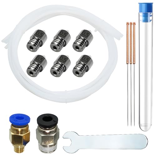 Printer Nozzle Kit CESFONJER, 6 Pcs Hardened Steel Nozzle 0.5mm + 1 Pcs PC4-M6 + 1 Pcs PC4-M10+ 3*1M Teflon Tube for End
