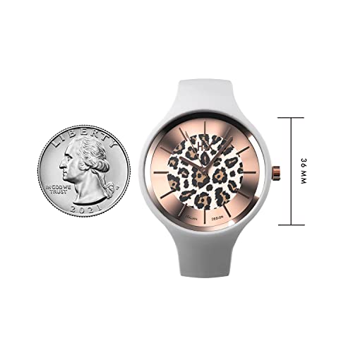 H2X Women Wristwatch | Water Resistant Quartz Watch W/ 36Mm Leopard Print Face | Mineral Glass, Stainless Steel Back, Brushed Gold Features | Adjustable Matte White Silicone Strap (White) #TOP3