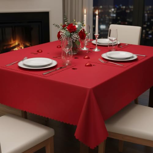 Image of NatNarr 6 Pack Red Tablecloths Plastic, Scalloped Christmas Table Cloths